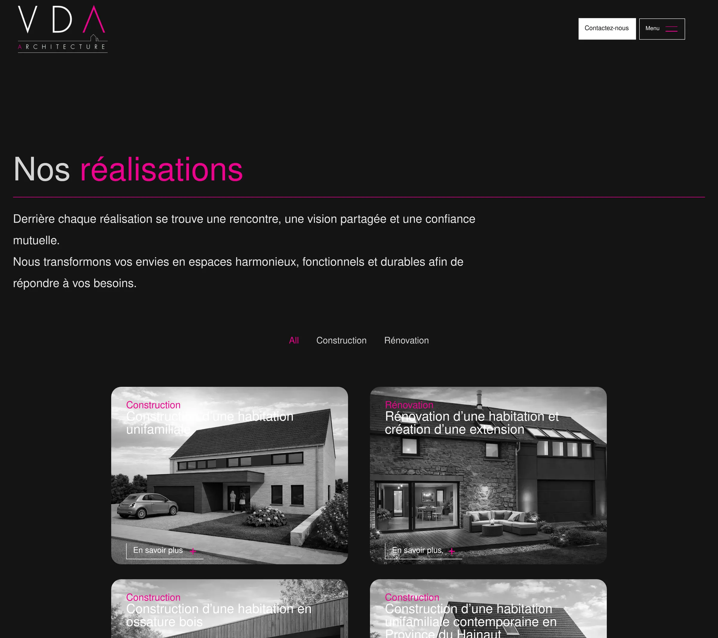 Page « Nos réalisations » du site VD Architecture sur ordinateur