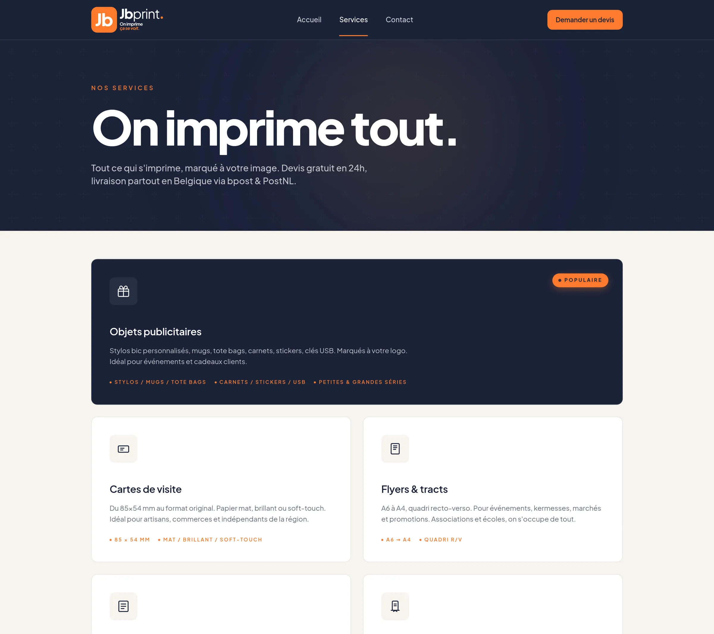 Page « Services » du site JBprint sur ordinateur