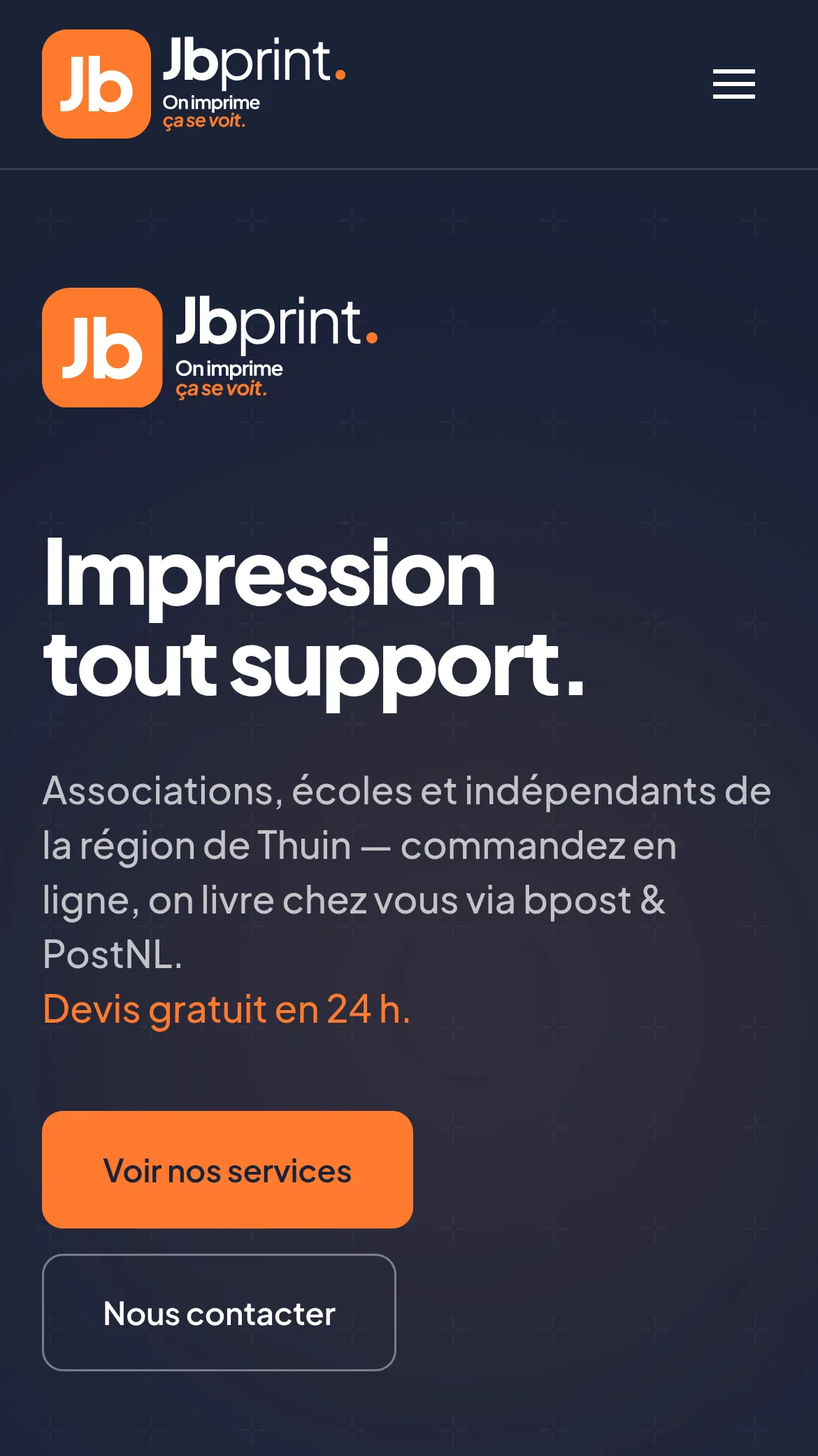 Page d'accueil du site JBprint sur mobile