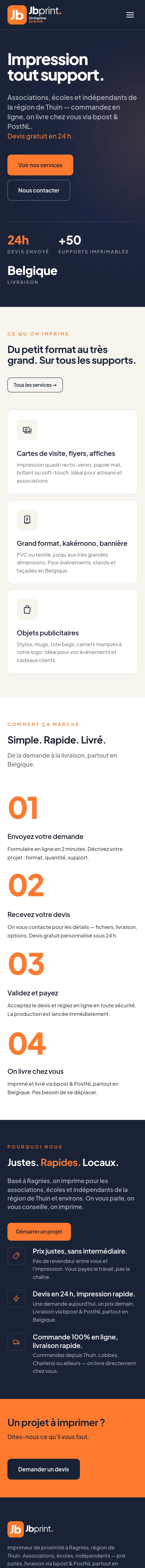 Page d’accueil de jbprint.be sur smartphone : titre « Impression tout support », boutons de contact et devis.
